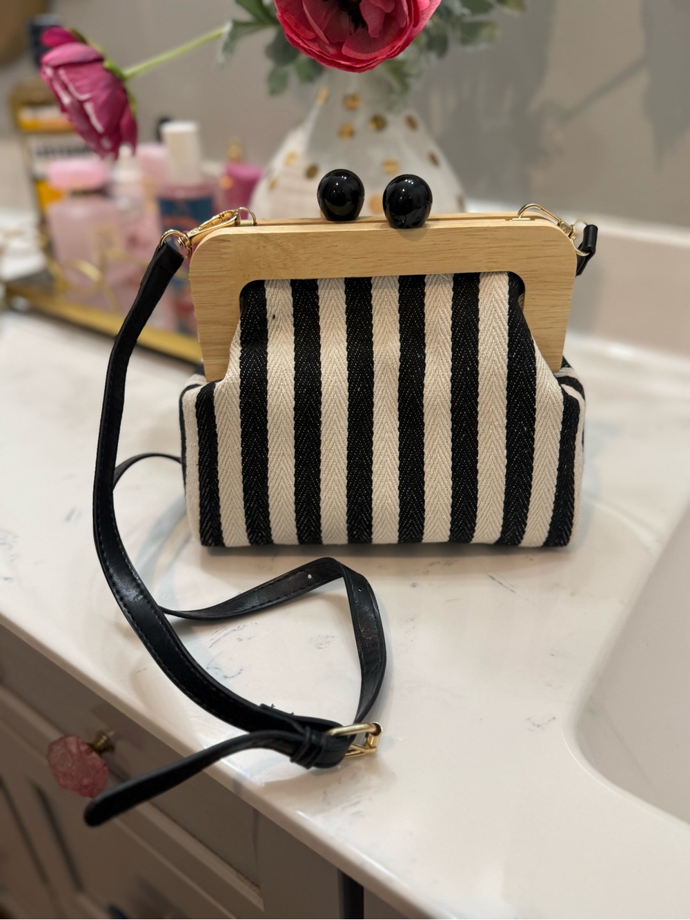NWOT Striped Canvas Crossbody Bag with Wooden Frame